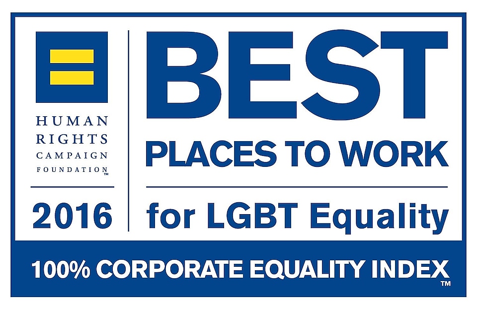 Cette image montre un texte où il est écrit&nbsp;: Fondation 2016 de la campagne sur les droits de l'homme. Le meilleur endroit pour travailler pour l'égalité LGBT. Indice de 100&nbsp;% pour l'égalité en entreprise.
