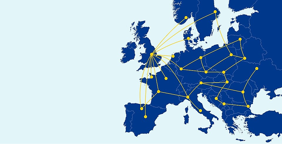 An illustration of European Map, showing major cities connected by yellow lines to make clear the integration and coverage of our international service