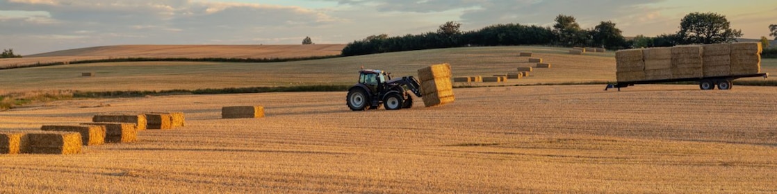 Un agriculteur ramasse des balles de foin avec un tracteur sur son exploitation.