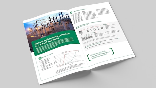 Une maquette de la brochure du produit Shell MIDEL en 1215 s’ouvre sur une page au hasard.por una página al azar