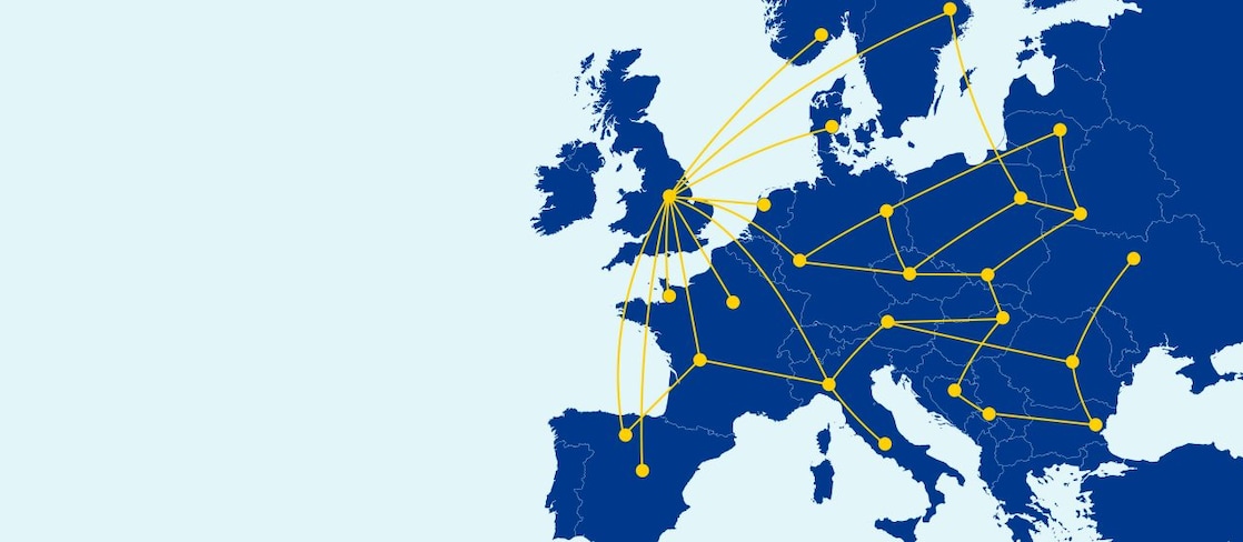 An illustration of European Map, showing major cities connected by yellow lines to make clear the integration and coverage of our international service