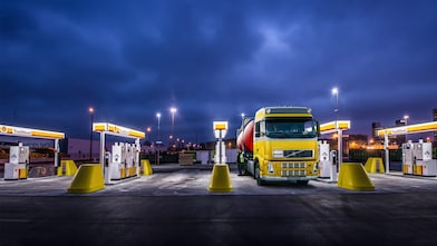 Truck at Shell Station at night