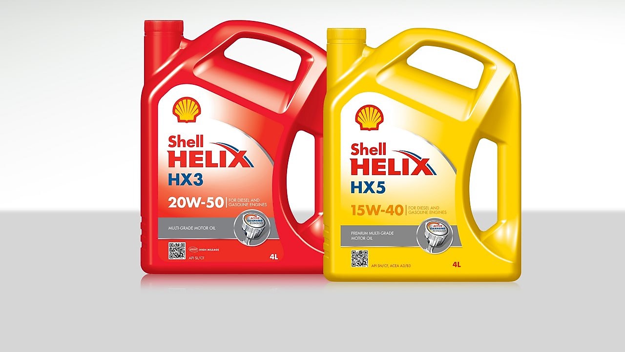 Deux bidons d’huile moteur minérale Shell Helix