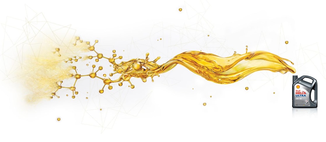 Pack de Shell Helix Ultra avec l'huile s'écoulant de la partie supérieure ouverte